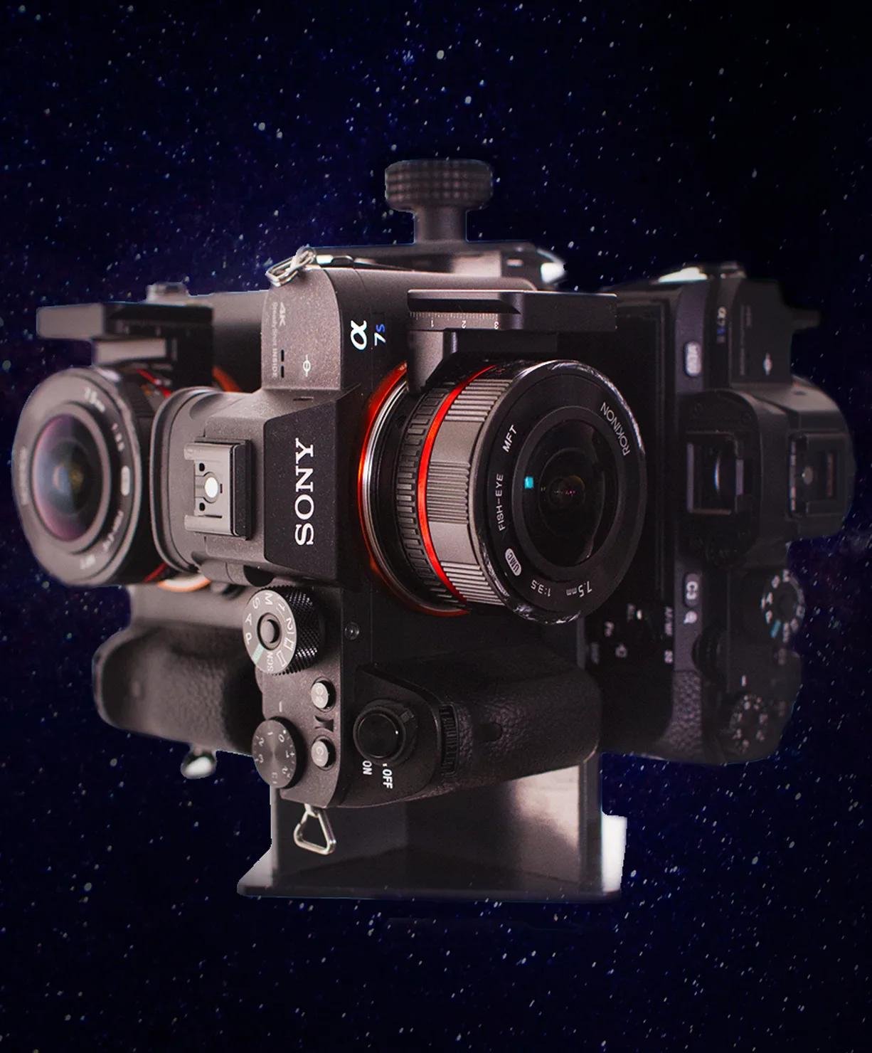 The Excalibur rig with four cameras, against a starry sky